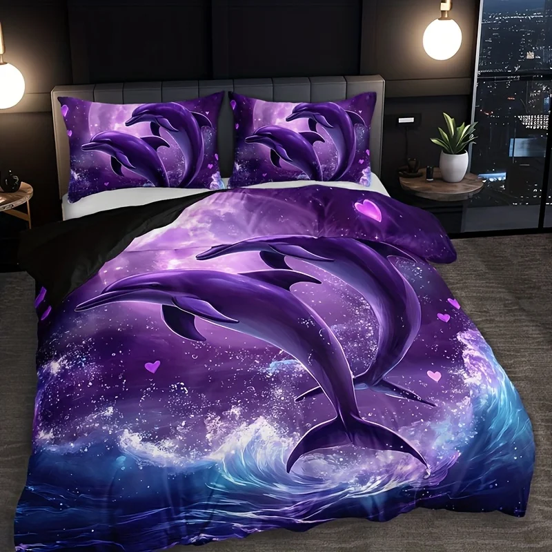 

3pcs Ocean Love Romantic Dolphin Print Duvet Cover Set, 1 Duvet Cover + 2 Pillowcases Without Pillow Inserts, Home Decor