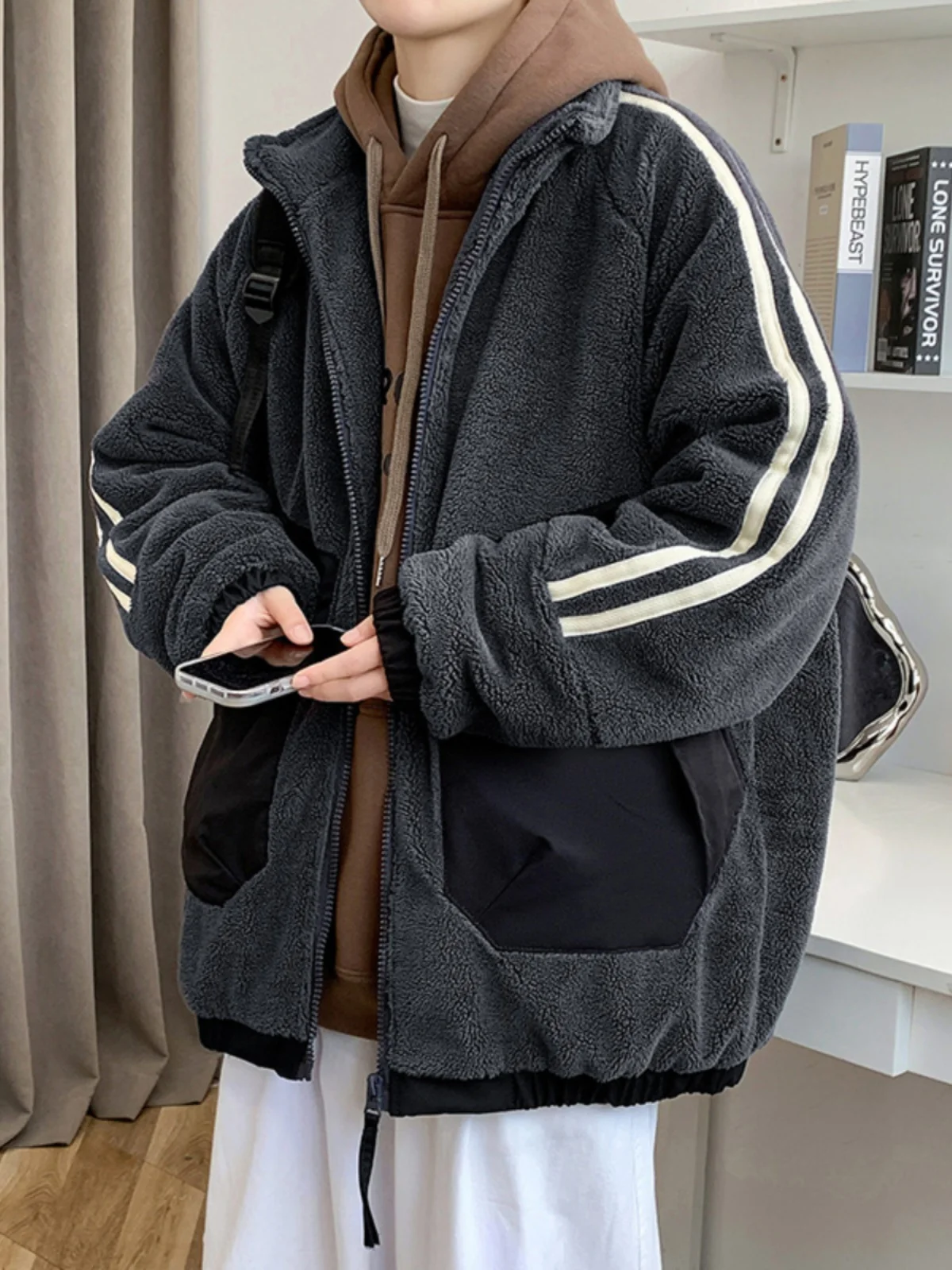 

Ультратеплая мужская зимняя куртка из овечьего бархата с воротником-стойкой, модное молодежное пальто оверсайз с хлопковой подкладкой