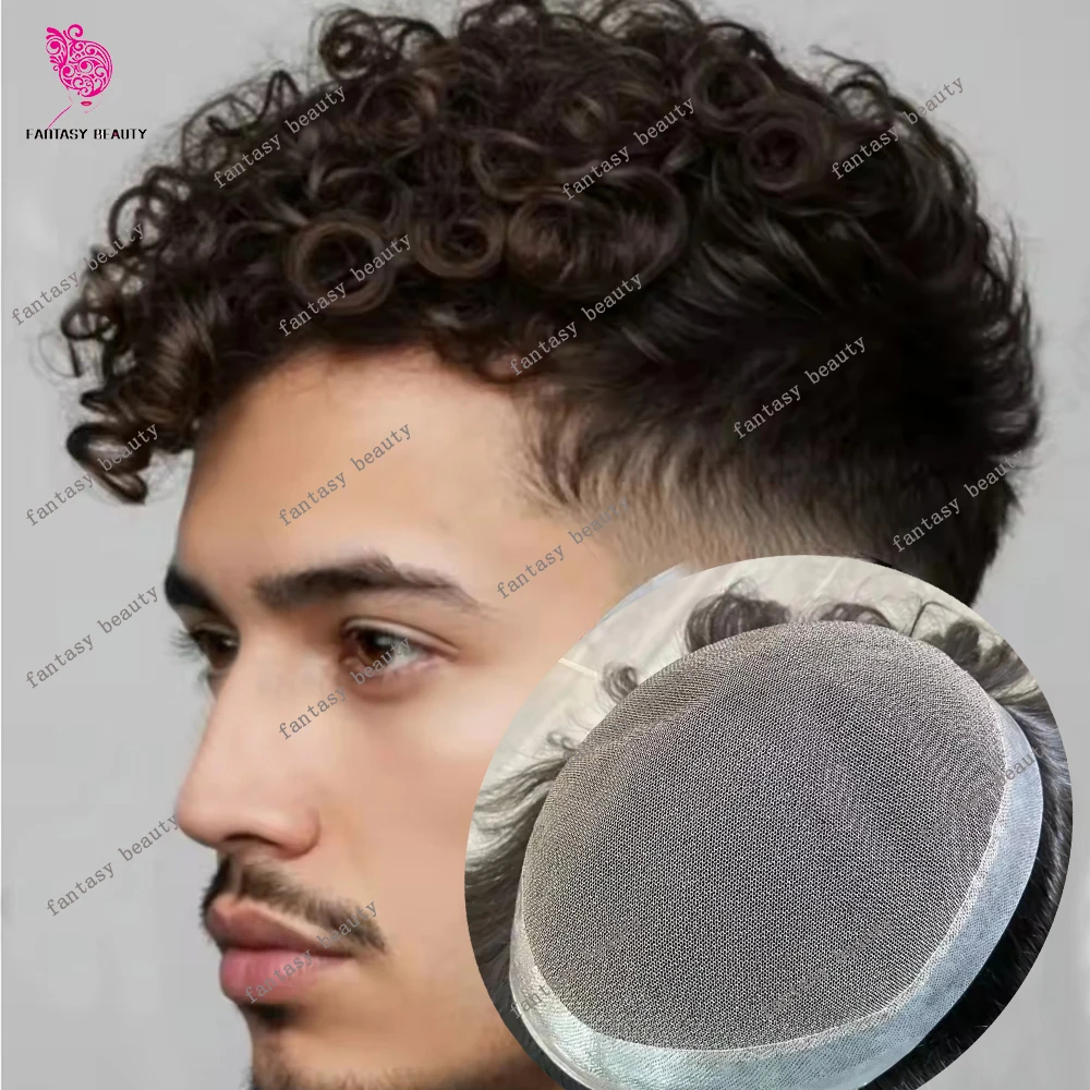 Men's 20mm 28mm Curly Australia Toupee Breathable Lace PU Europe Afro15MM Black  HumanHair Super Durable Prosth Capillary System