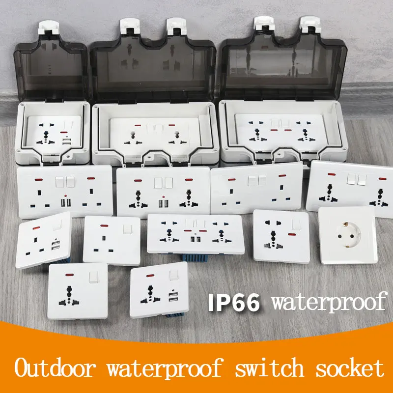 Wall IP66 Outdoor Waterproof Socket Box 86/146 with 1/2 Gang Surface Mount Power Supply EU UK Universal Socket 2 USB Charging