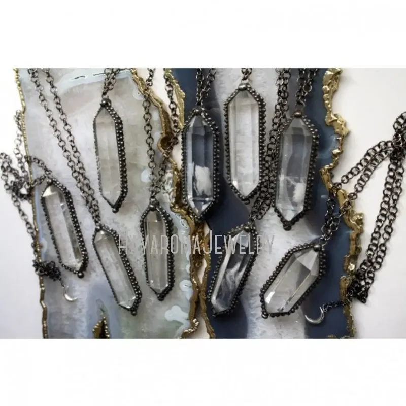 10pcs Large Clear Quartz Crystal Necklace Gunmetal Stainless Steel Chain Talisman Witch Wicca Goth Pendulum Obelisk Jewelry Boho