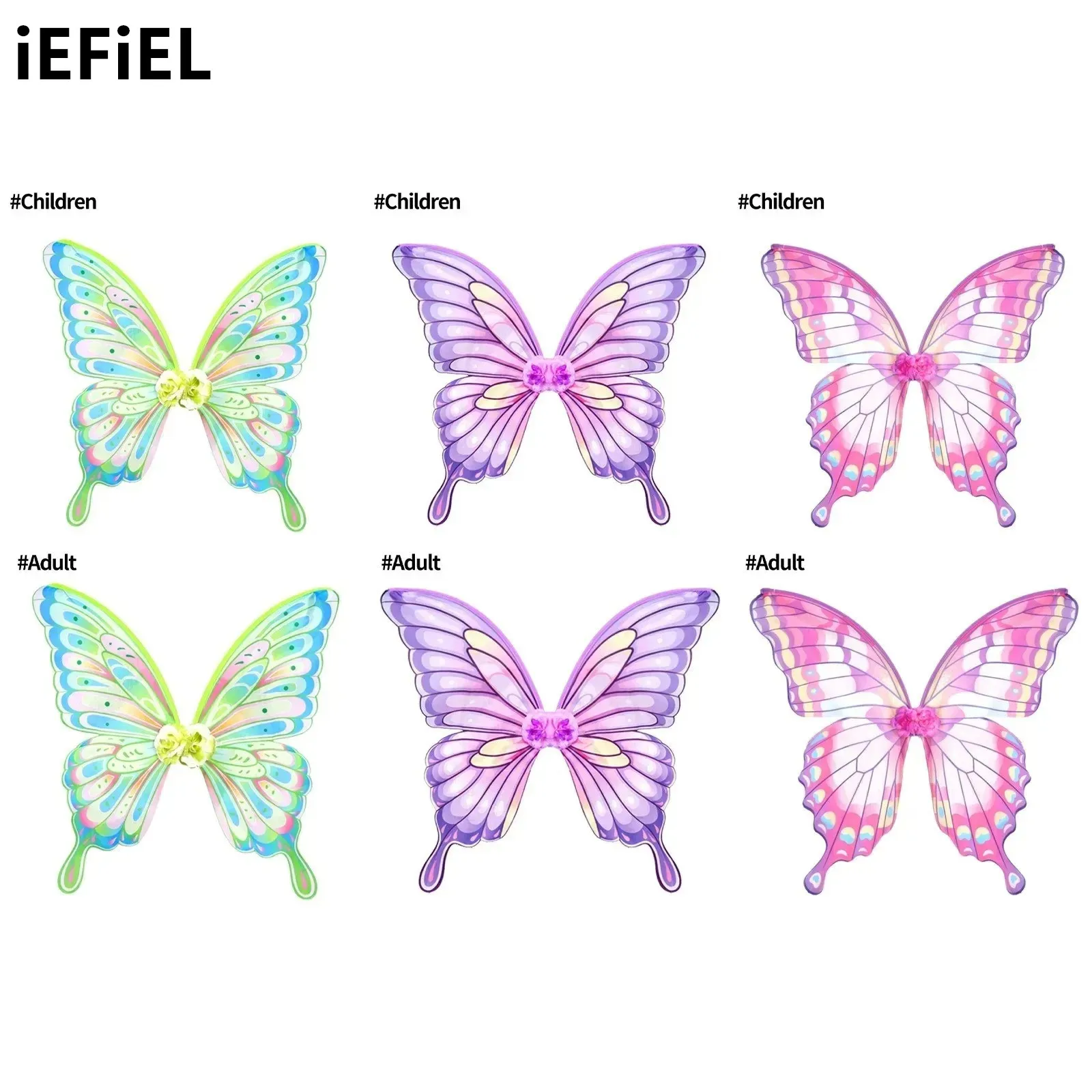 Adults Children Elf Wings 3D Colorful Butterfly Wings with Applique Elastic Straps Foldable Fairy Halloween Roleplay Props