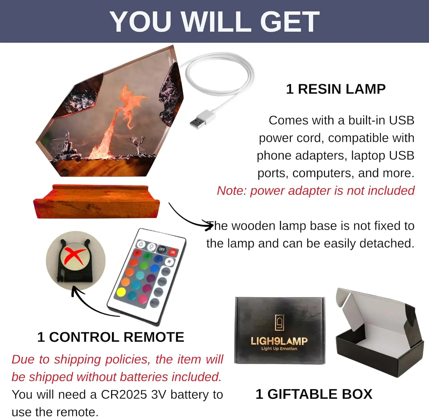 Fantasy Dragon Resin Lamp with 16 Color LED, USB Powered Night Light on Wooden Base & Remote, Handmade Gift for Holidays