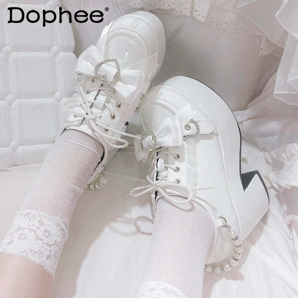

Subculture Mine White Platform Shoes Spring and Autumn Girls' Cute Bow Elegant Black High Heels Japanese Mass-Produced Pumps