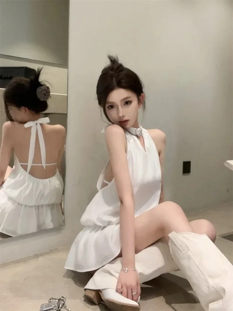 

Sweet Bow Backless Halter Party Dress Women Summer Sexy Pure Waist Slim Fit A-line Mini Dresses Korean Solid Vestidos
