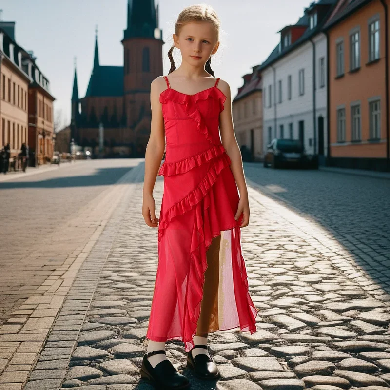 

Summer Flower Girl Dress Chiffon Asymmetrical Ruffle Beach Suspenders Red Kids Holiday Suspenders Casual Party Dress