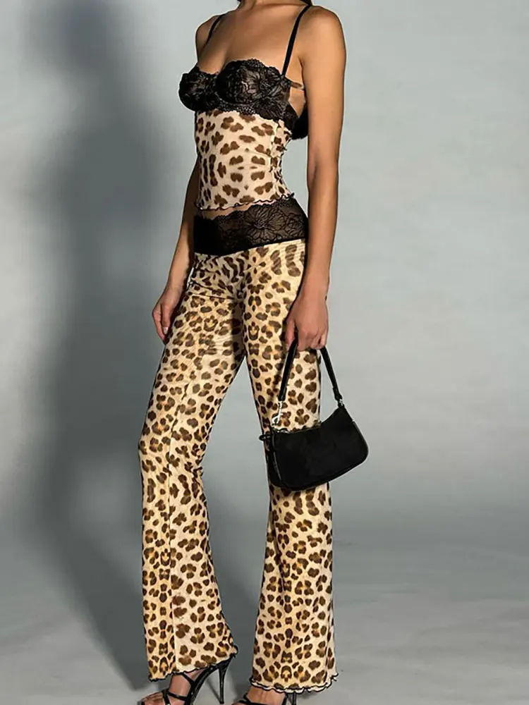 GACVGA-Ensemble haut court et pantalon évasé pour femme, maille, dentelle transparente, couture, sexy, club, fête, été, Y2K, 2 pièces