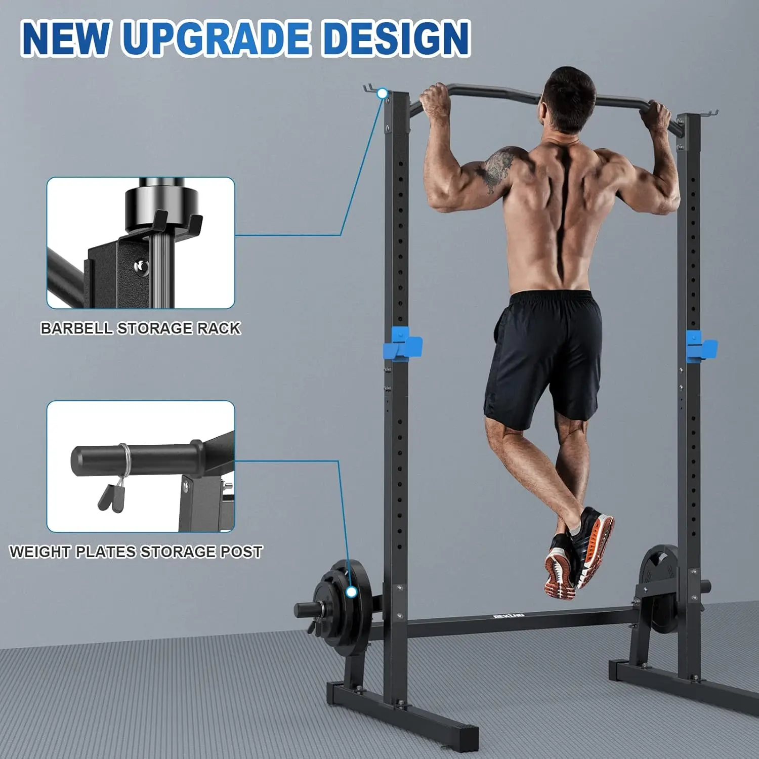 Power Rack Squat Rack Cage with Pull Up Bar, Adjustable Power Cage Exercise Squat Stand with Barbell Weight Plate Storage, St