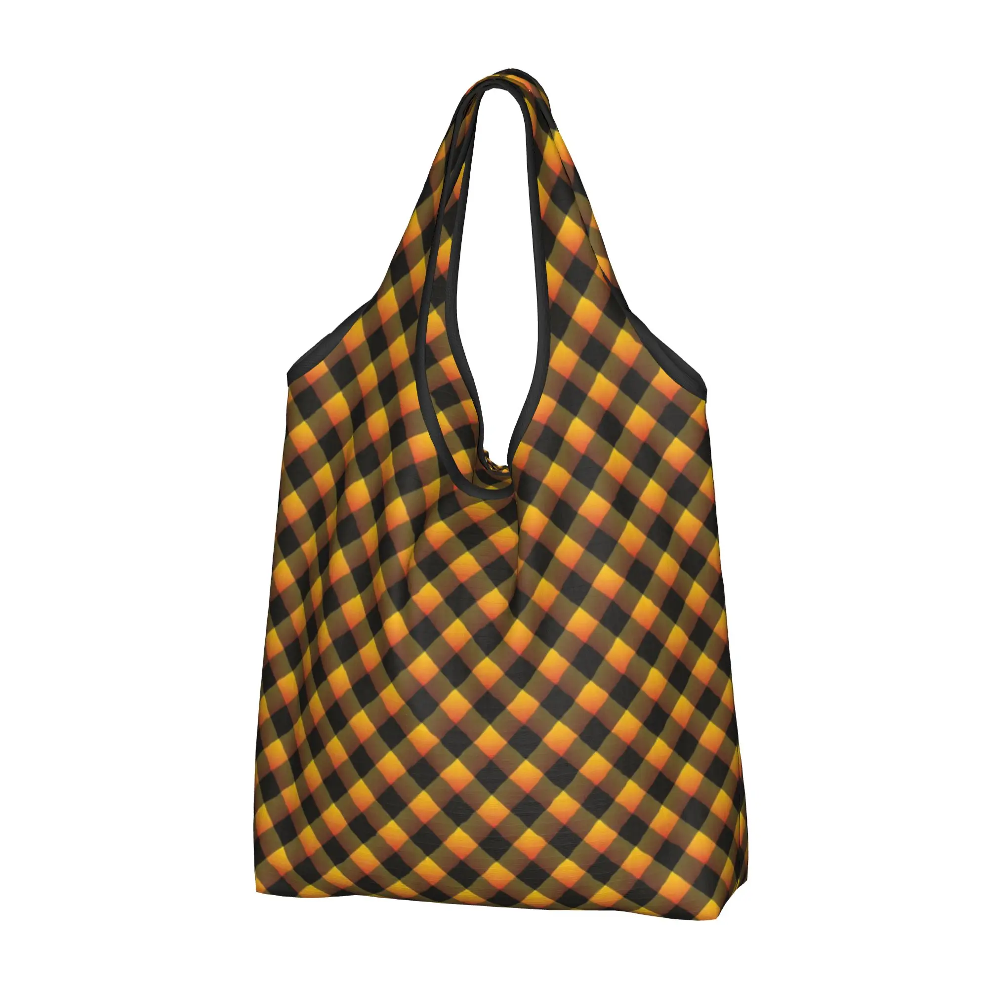 Orange Yellow Gradient Diagonal Plaid Grocery Shopping Bag Cute Shopper Tote Shoulder Bags Large Capacity Portable  Handbag