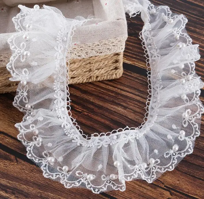 New 2yard/3yards 6cm Handmade Trim and Bowknot Embroidery Lace Beads Pleats Lace for Curtains Sofa Pet Necklace Lace Trim X031