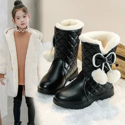 Botas cálidas con lazo para niñas, botas de nieve con piel de felpa, moda de invierno, botas de princesa con plataforma impermeable, 2024