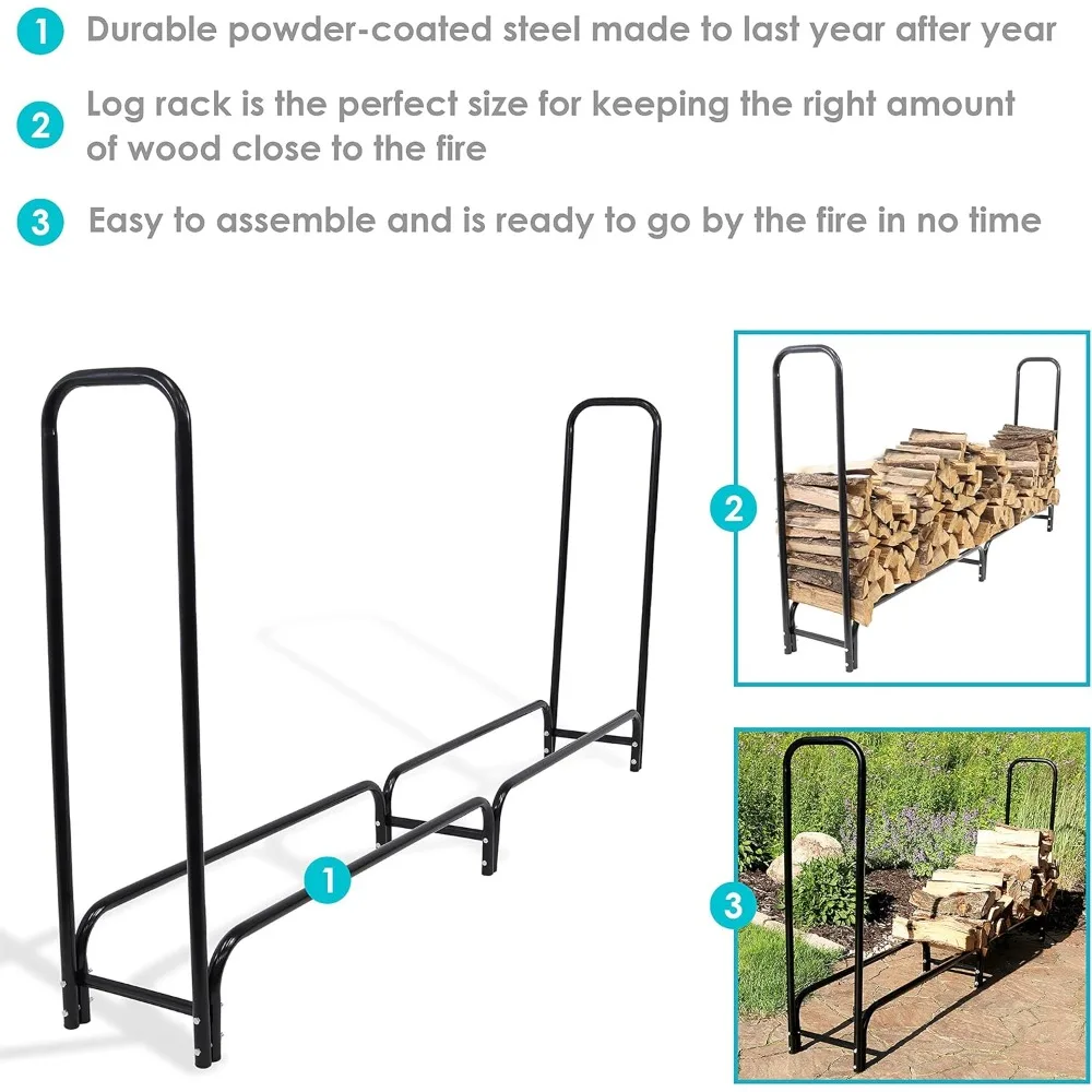 Sunnydaze Rejilla para troncos de leña de 8 pies - Accesorio de almacenamiento de acero recubierto de polvo negro para interiores/exteriores