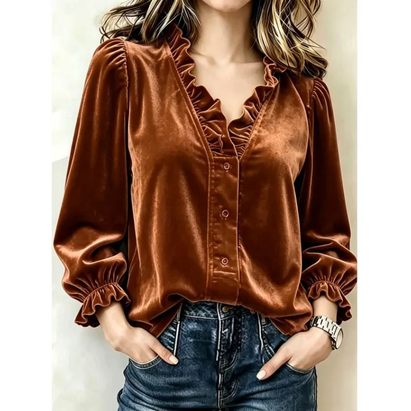 Womens Velvet Ruffle V Neck Blouse Button Front Long Sleeve Elegant Casual Solid Color Tops