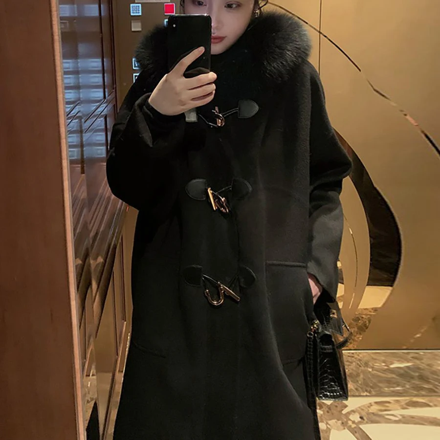 

Horn Button Hooded Fur Collar Coat Loose Casual Fashion Women's Coat 2023 Female Solid Color Thicken Warm Straight Outerwear