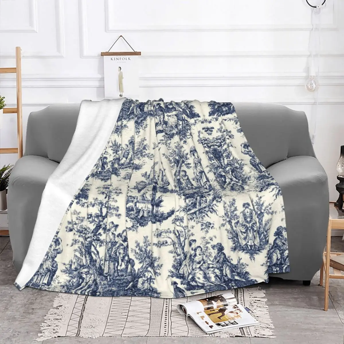 3D Print Vintage Toile De Jouy Blankets Breathable Soft Flannel Summer Navy Blue And White Throw Blanket for Sofa Car Bedroom