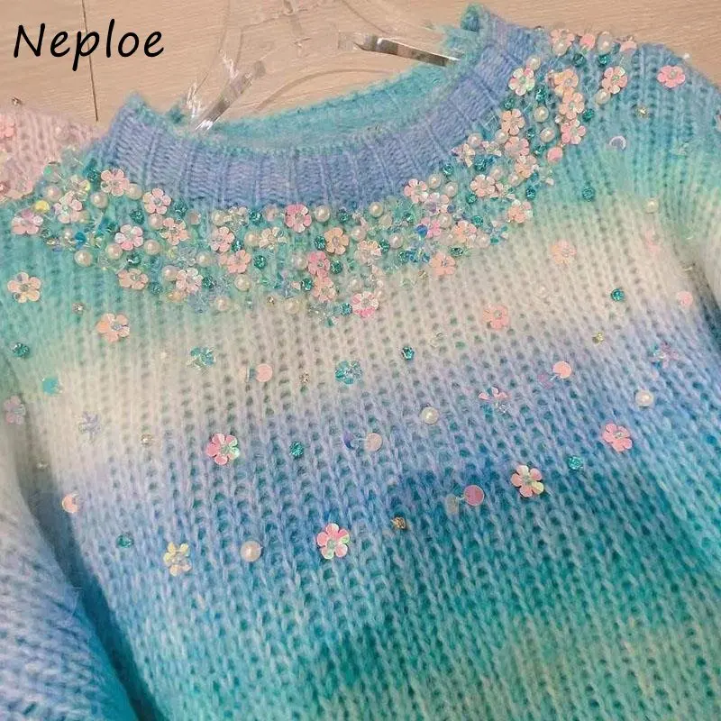 Neploe O Neck Beading Shiny Sweater Y2k Long Sleeve Stripe Gradient Pull Femme Autumn Winter Vintage Knitted Pullover Jumpers