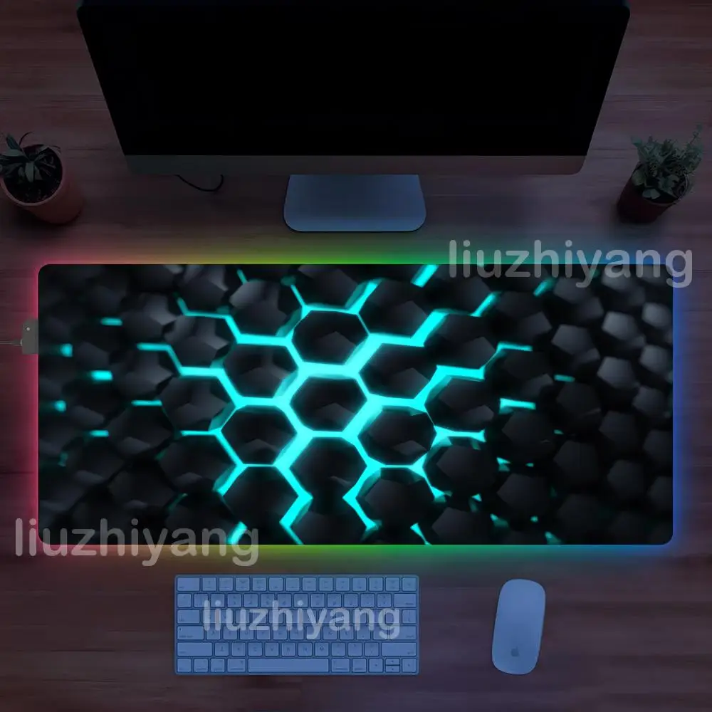 3D Hexagon Mouse Pad Large RGB Gaming Mousepads LED Light Locked Edges Game Accessories Table Pads PC Keyboard Mat XXL 90x40cm