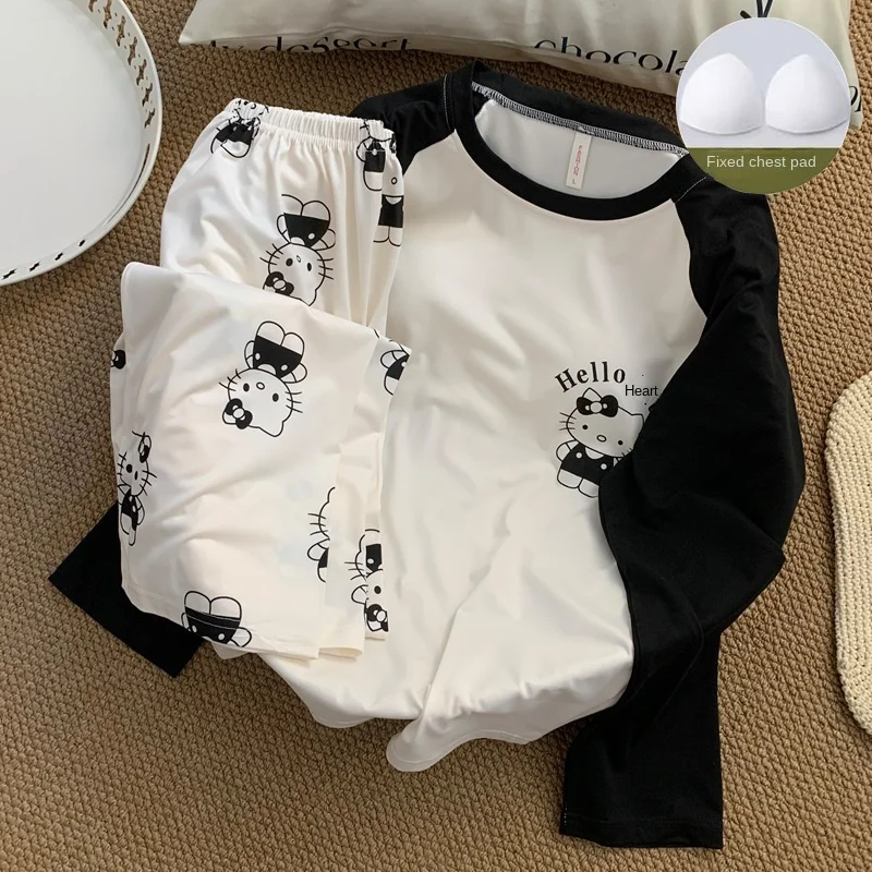 

Комплект из 2 предметов с мультяшным принтом «Hello Kitty», женская одежда для сна с накладкой на грудь, пижамы больших размеров, одежда для дома, свободные пижамы с круглым вырезом, домашняя одежда