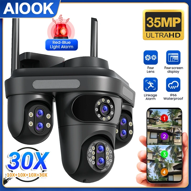 AIOOK 30X Zoom Camera Outdoor Waterproof WiFi Camera HD 35MP 7 Lens IP CCTV Night Vision Motion Tracking Two Way Intercom Camera