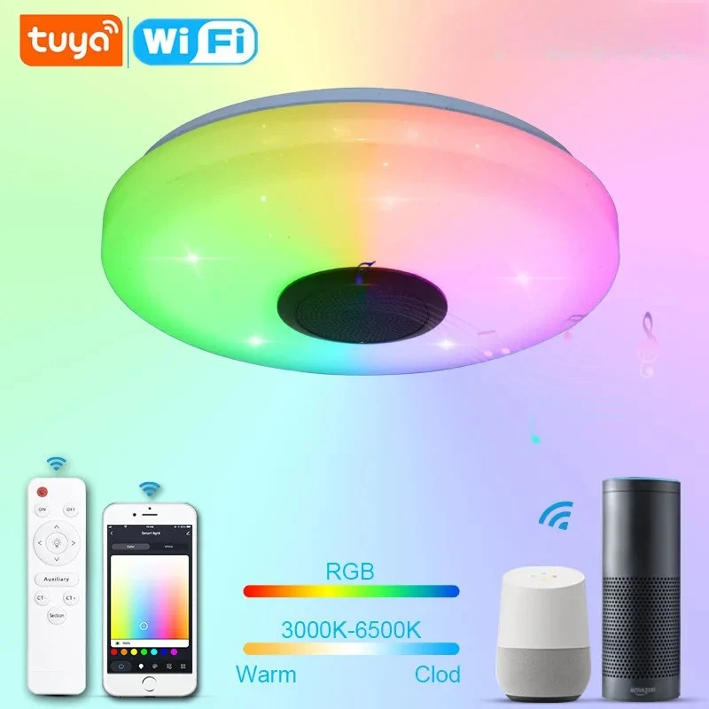 Foandbe WIFI Smart LED Ceiling Light RGB with Music Speaker Bluetooth Application Dimmable Home Bedroom Living Room Ambient