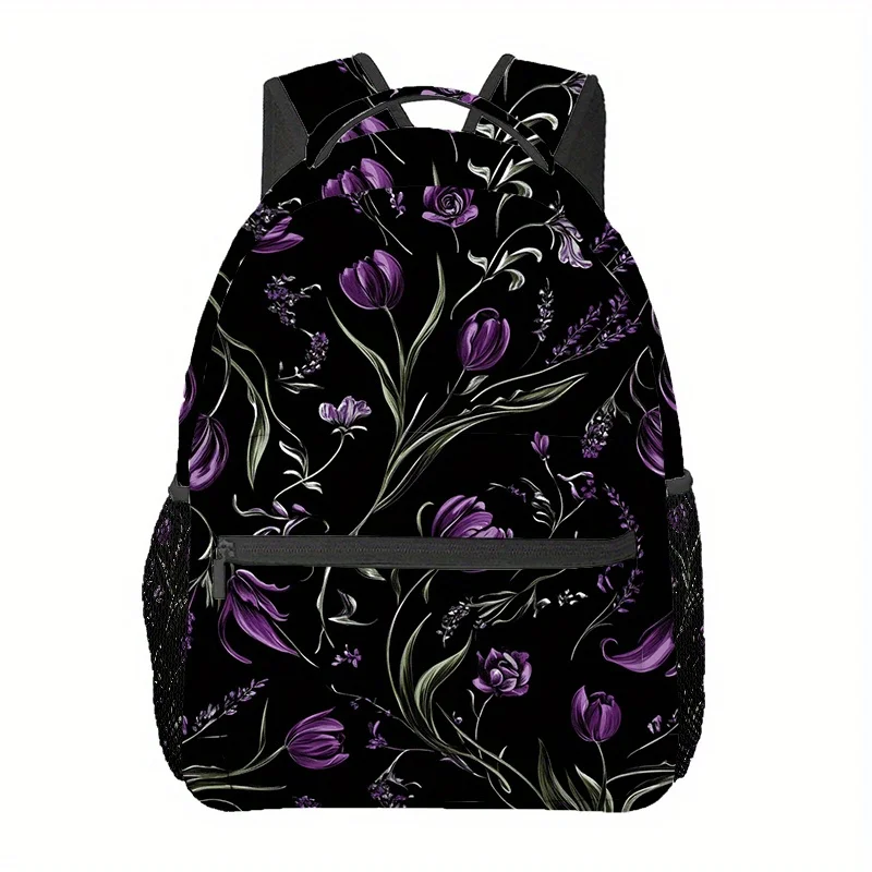 

Flowers Unisex Lightweight Foldable Backpack with Adjustable Padded Straps, Black Floral Print (Purple Tulips
