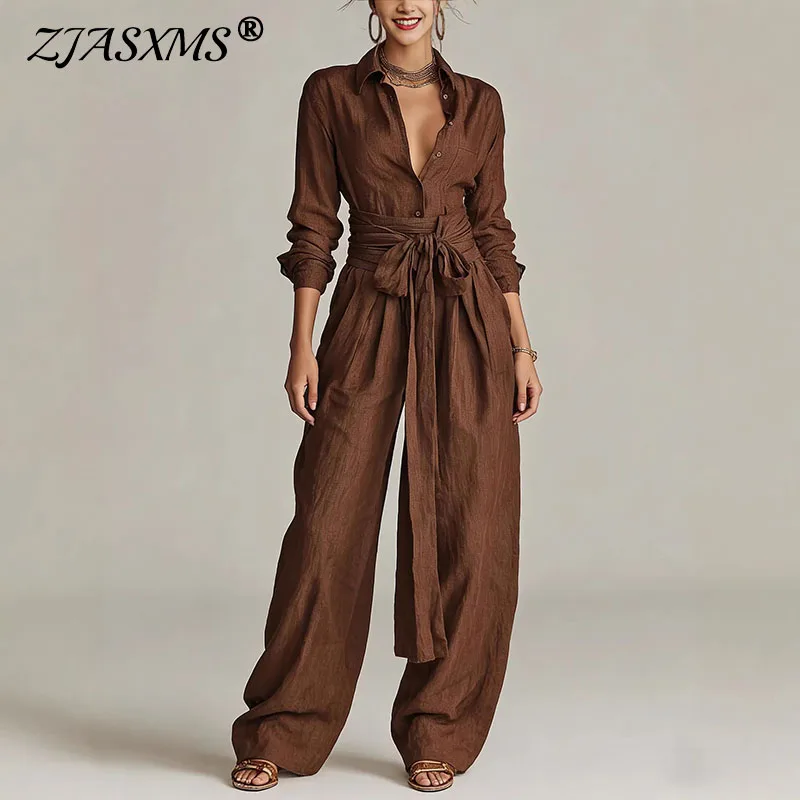 2026 Frühling Langarm Einfarbiger Damenanzug Elegantes Hemd mit Umlegekragen & Schnürhose Set Lässiges Schlankes Urlaubsoutfit