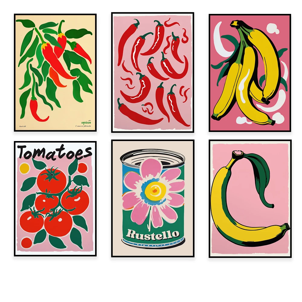 

Retro chili poster, soup canned tomato, red pepper, banana art, vibrant kitchen wall decoration, bold food illustration,