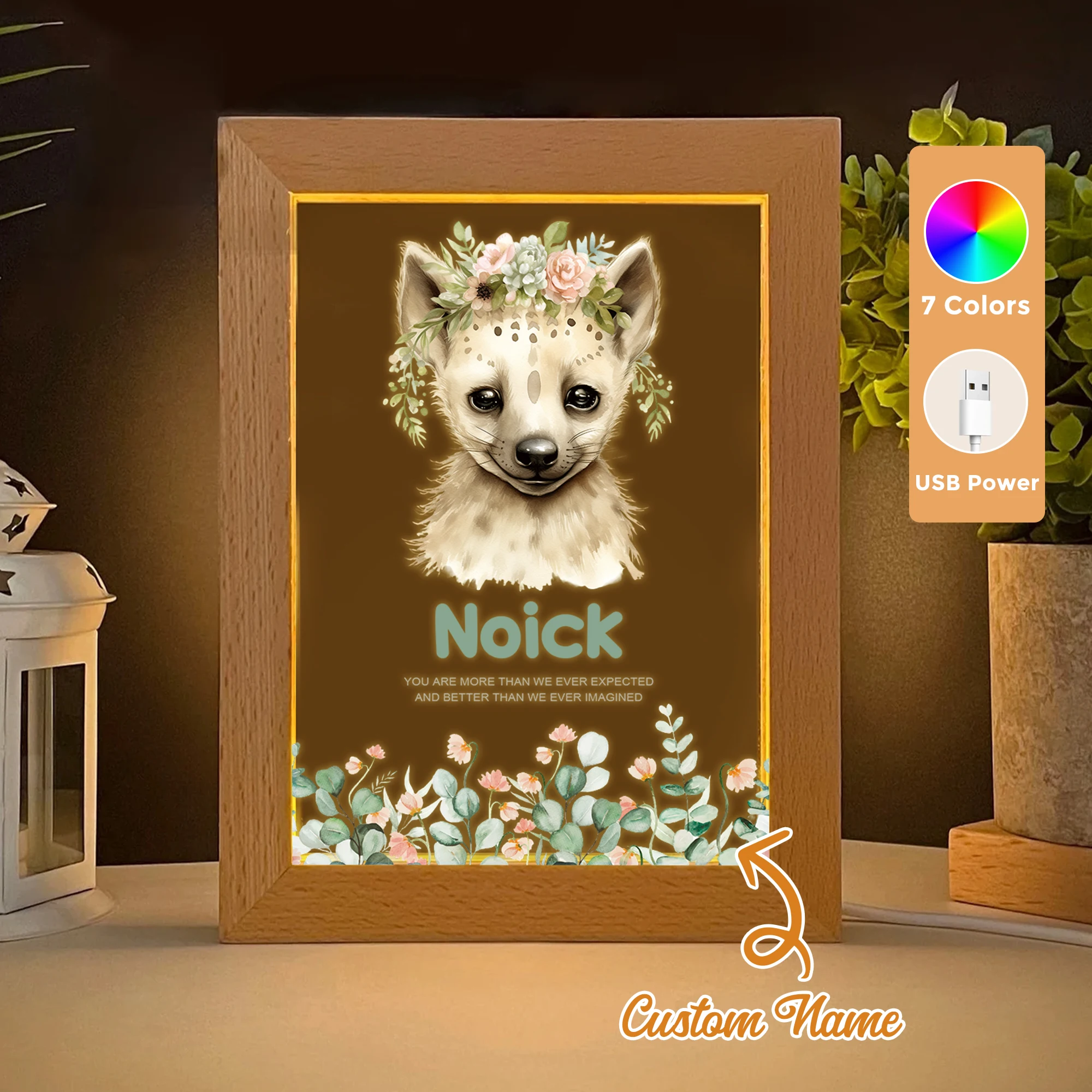 

2D Flat Custom Name Animals With Garlands LED Acrylic Night Light Wood Photo Frame 21x17cm Family Bedroom Gifts Home Decor