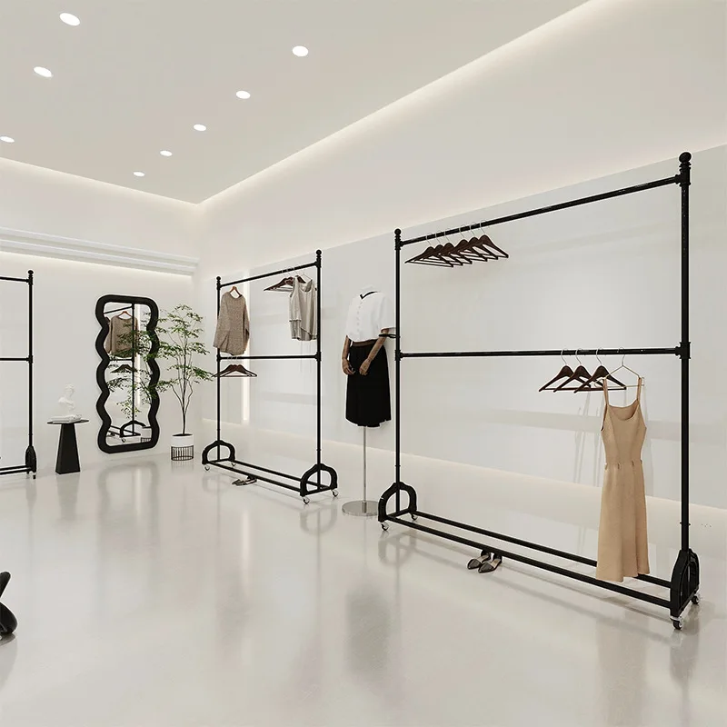 Clothing store display rack Floor-to-ceiling double rod adjustable mobile lifting hanging clothes display rack Double-layer