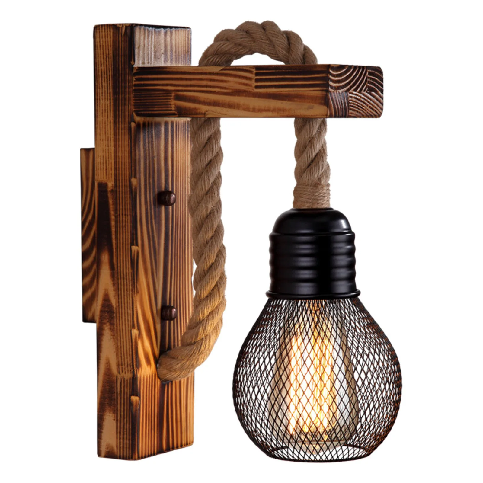 

Industrial Retro Wall Lamp E27 Wood Hemp Rope LED Corridor Balcony Bedside Loft Light For Indoor Bedroom Fixtures Wooden Base