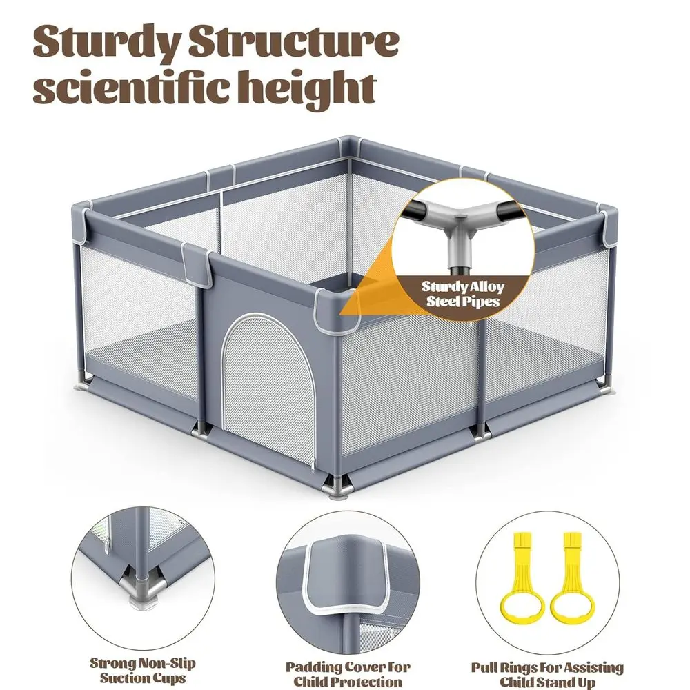Parc gris 50x50 pour bébés et tout-petits avec tapis, cour de jeu de sécurité intérieure/extérieure, centre d'activités