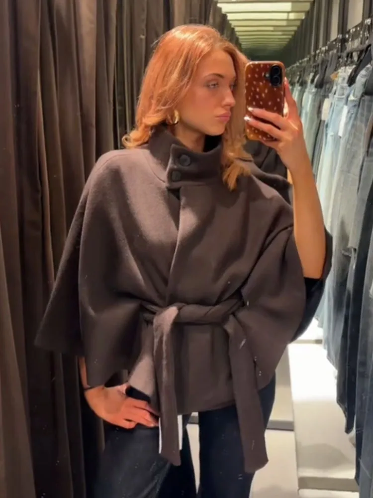 

HH Women's Spring Fashion Versatile Laminated Belt Decorative Woolen Jacket Female Casual Stand Collar Lace-up Loose Coat Mujer