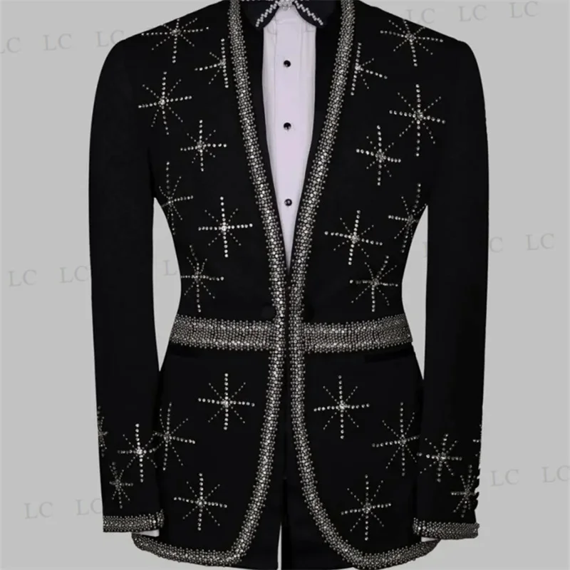 Beadings 2 Pieces Blazer Pants Men Suits No Lapel Diamonds Classic Fashion Tuxedo Slim Wedding Groom Prom Plus Size Customed