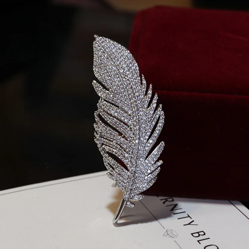 Vintage Full Rhinestone Gold Plated Silver Color Feather Brooches Women Copper Micro Inlaid Pins Wedding Party Jewelry Gift image 2