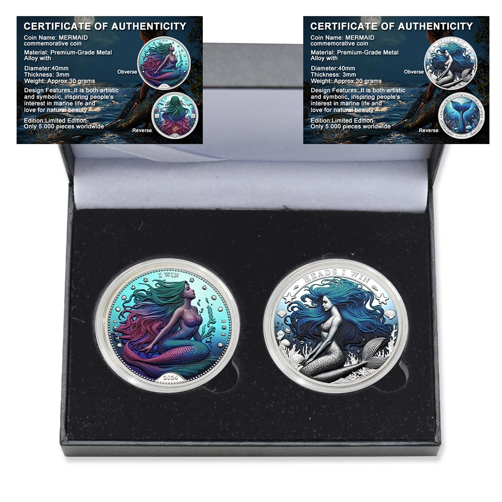 

2pc/Box Exquisite Mermaid Decision Coin Head You Win, Tail You Lose Metal Challenge Coin Collection with Certificate Gift Box