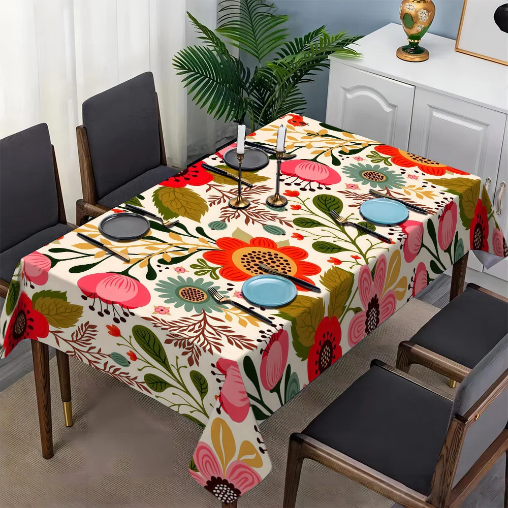 Vibrant Floral Pattern Waterproof Tablecloth for Dining Room Kitchen Counter Buffet Table Cover