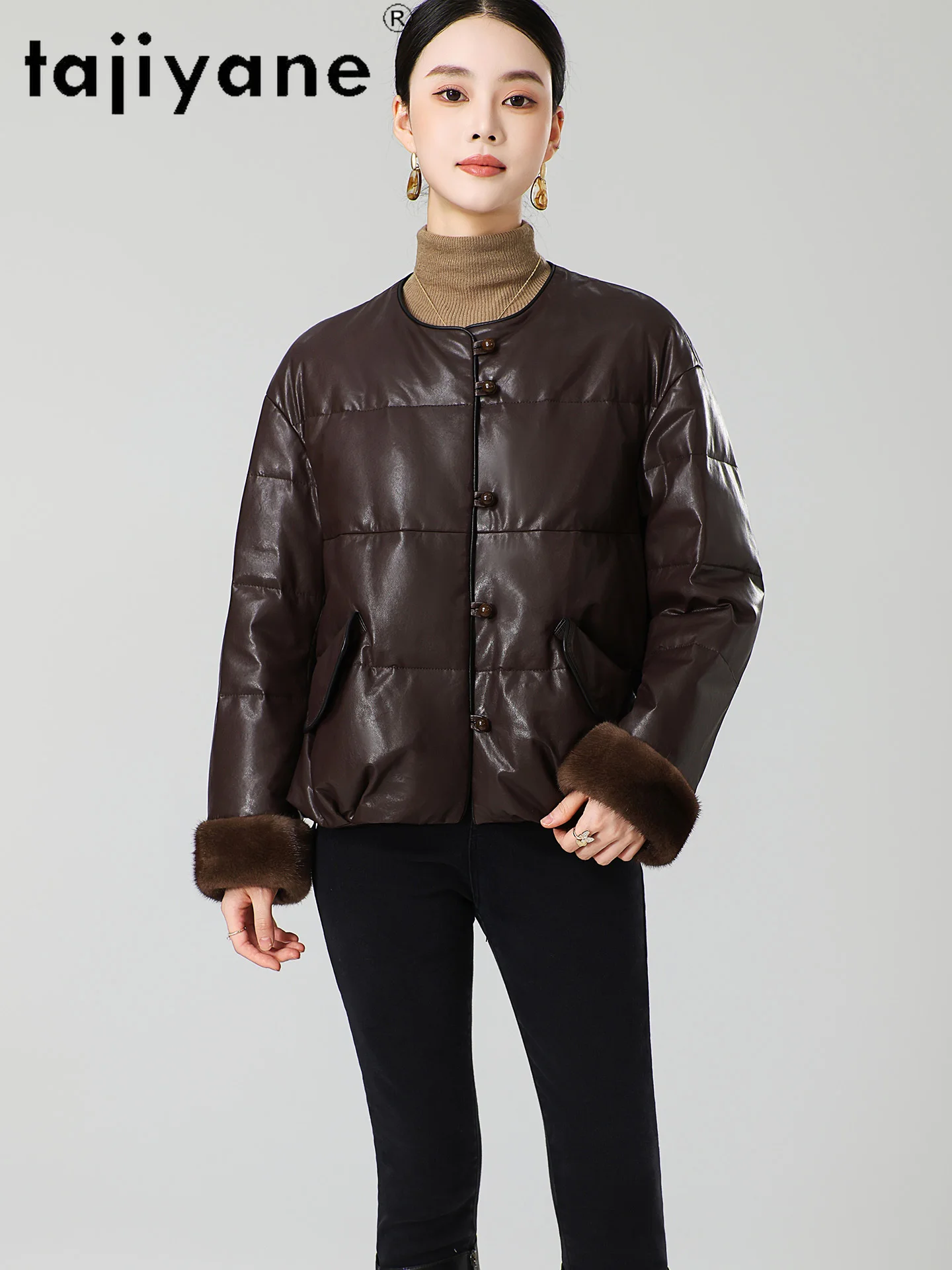 TAJIYANE 100% جلد الغنم بطة أسفل معطف امرأة فرو المنك الكفة ملابس خارجية أنيقة قصيرة سترة جلدية حقيقية الملابس الشتوية 2025 가dech자켓 #4