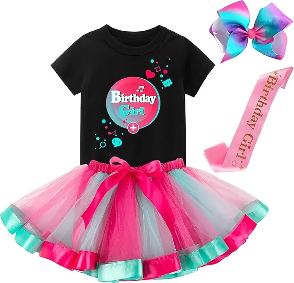 Tutu and Sian Birthday Girl Outfit Party Costume – Hair Bow, Shirt, Tutu Dress, Satin Sash