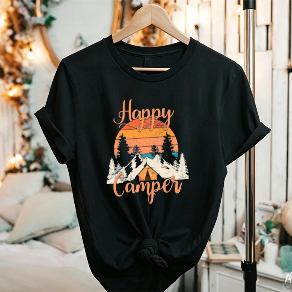 Happy Camper Retro Mountain Sunset Camping Graphic T-Shirt Vintage Pine Tree Tent Casual Outdoor Camper Nature Lover Cotton Tees