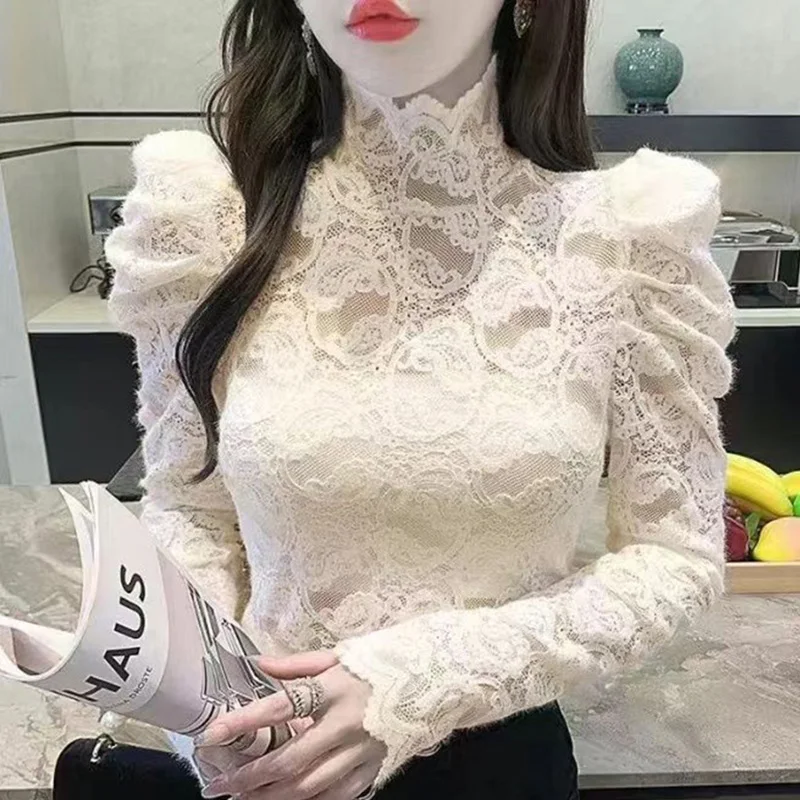 Blusa de cuello alto con pliegues y volantes para mujer, ropa de encaje ahuecada, jerséis informales de manga abullonada, camisa coreana elegante,