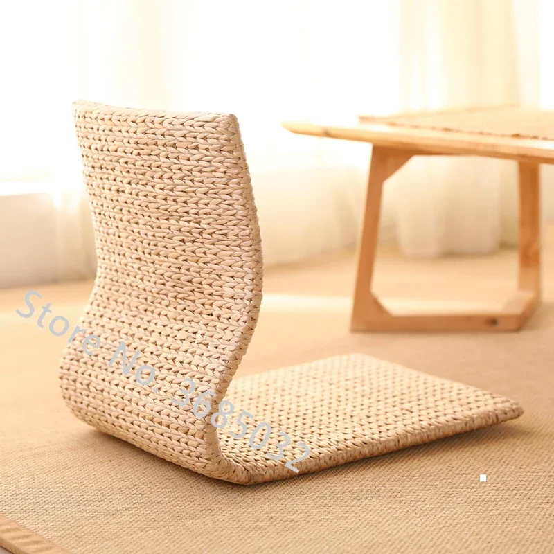 Natural Grass Woven Chinese Legless Chair, Traditional Asian Tatami Japanese Chair Design for Living Room, Portable Clothesline