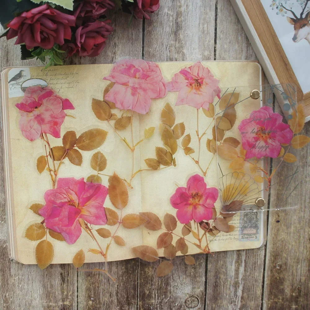 6pcs Big Size Natural Soft Pink Rose Flower Style PVC Transparent Sticker Scrapbooking DIY Gift Decoration Tag