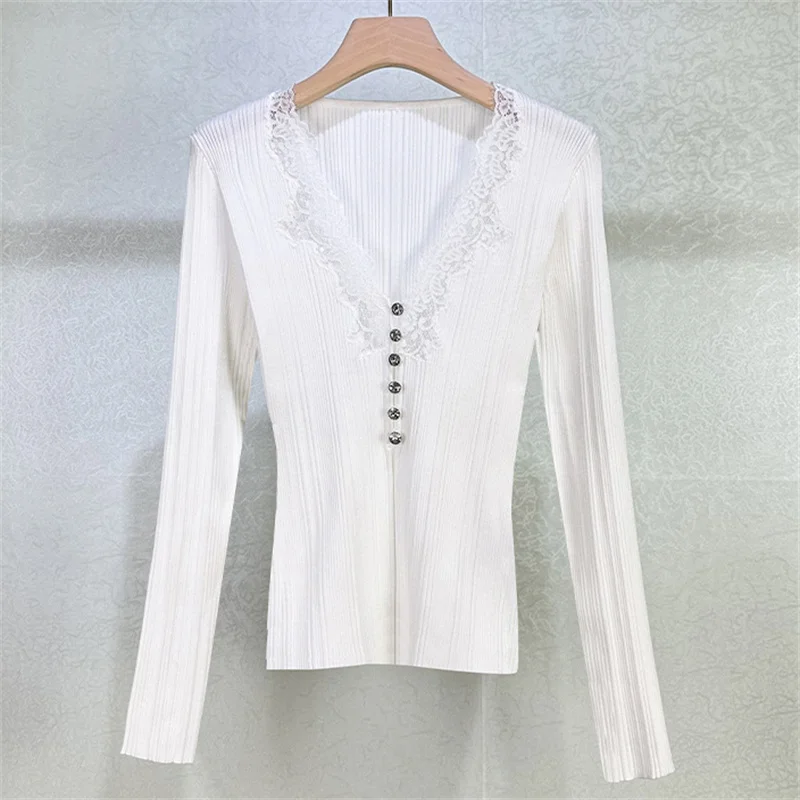 

Women's sweater New elastic knitted slim fit long sleeved top for autumn 2025 Lace patchwork V-neck pullover Casual Knitwear y2k