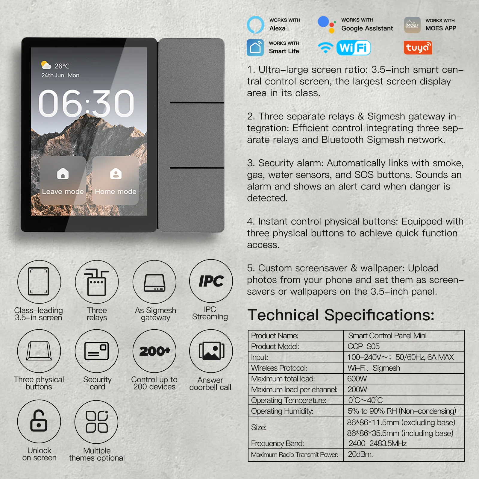 Tuya WiFi 3.5 inch Smart Center Control Panel Touch Central Screen 3 Relays Physical Buttons Bluetooth Sigmesh Hub Built-in