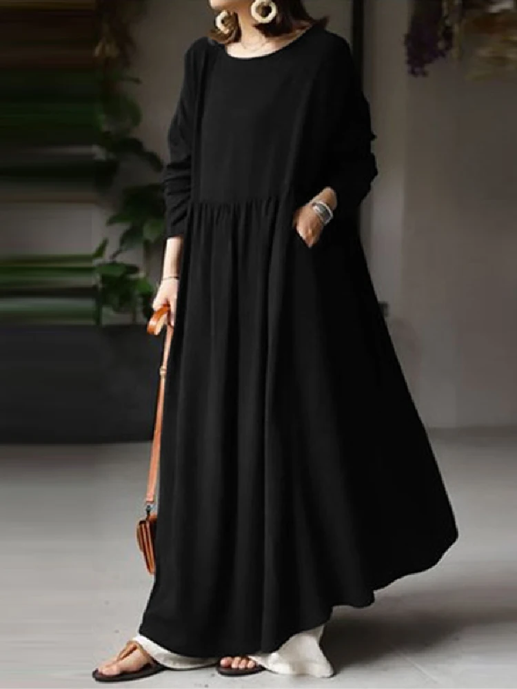 ZANZEA Autumn Solid Long Dress Oversize Sundress Women Cotton Robe Casual Long Sleeve Pleated Maxi Vestidos Elegant Maxi Dresses