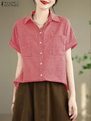 Fashion Summer Checked Shirt ZANZEA Women Oversize Blouse Elegant Short Sleeve Buttons Work Tops Casual Lapel Neck Baggy Blusas