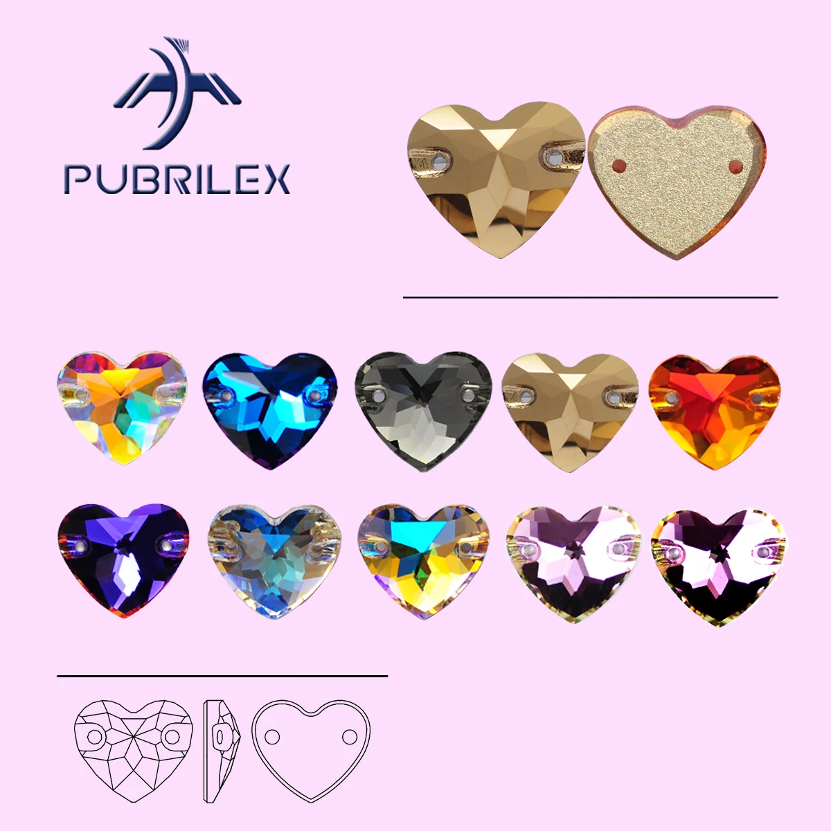 PUBRILEX Heart Wholesale Glass K9 Strass Edges with Chamfers Rhinestones Sew on Strass for Garment Dress Clothing