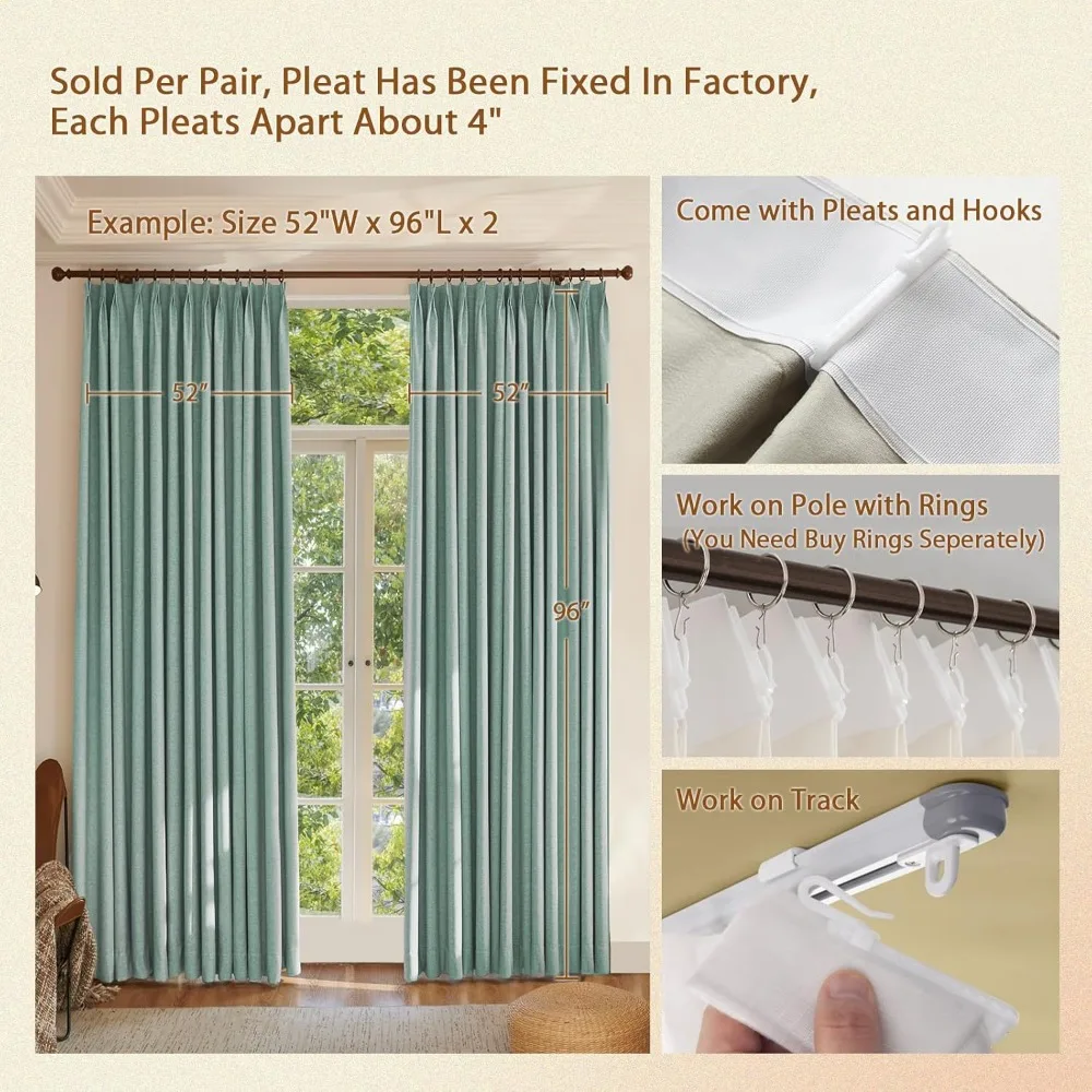 ستائر تعتيم 108 طويلة، طيات مزدوجة من الكتان بنسبة 100%، موفرة للطاقة، مثالية لغرف النوم وغرف المعيشة