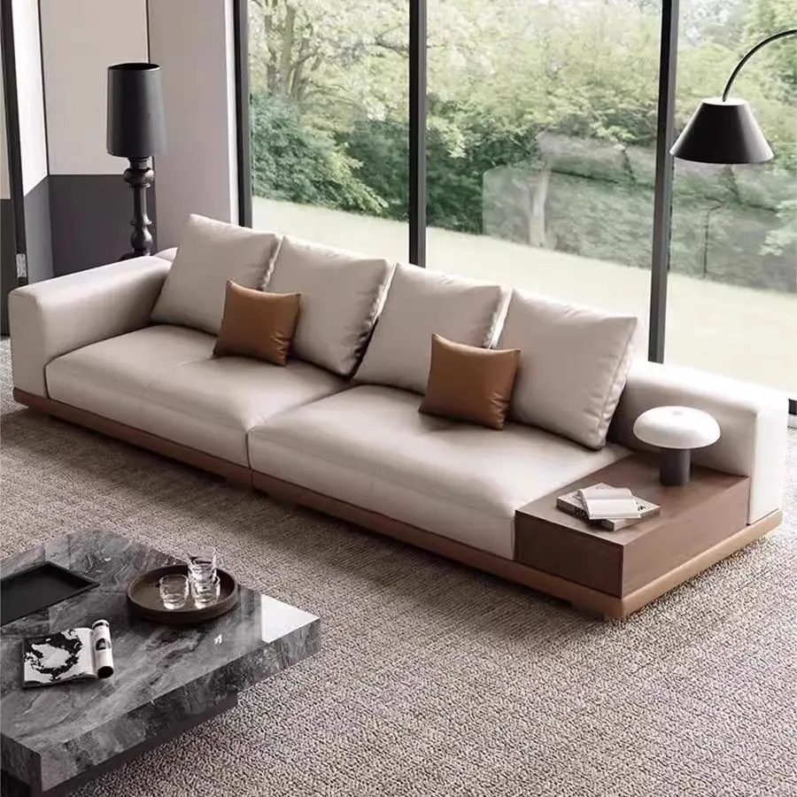 First layer leather sofa, solid wood simple Italian style, modern minimalist light luxury, straight row sofa 6