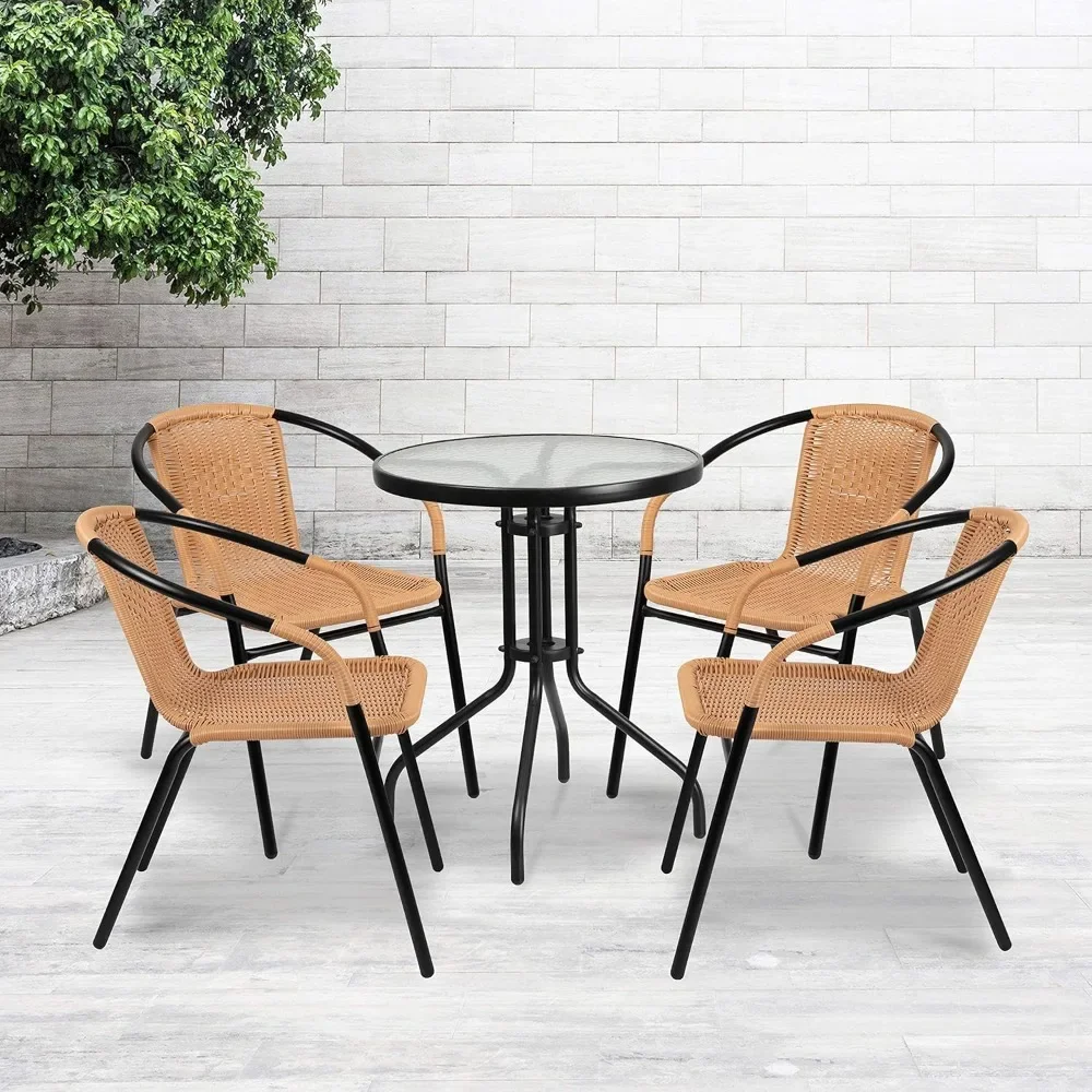 

4 Pack Beige Rattan Indoor-Outdoor Restaurant Stack Chair with Curved Back